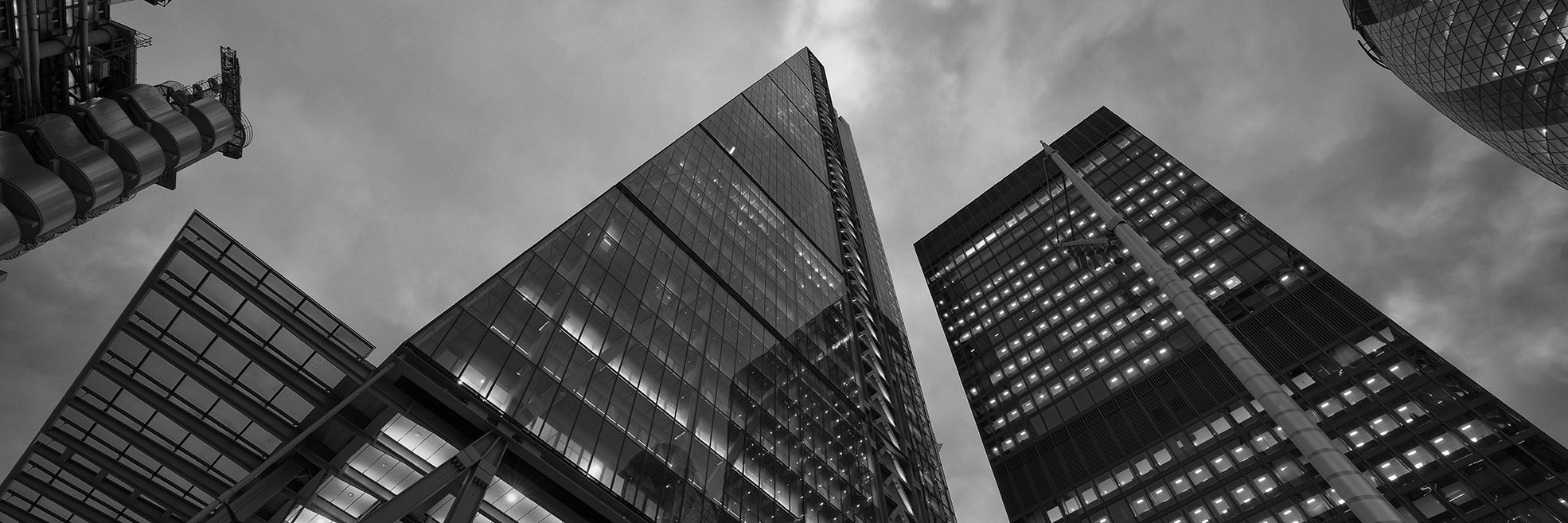 Panoramic black and white picture of City of London skyscrapers