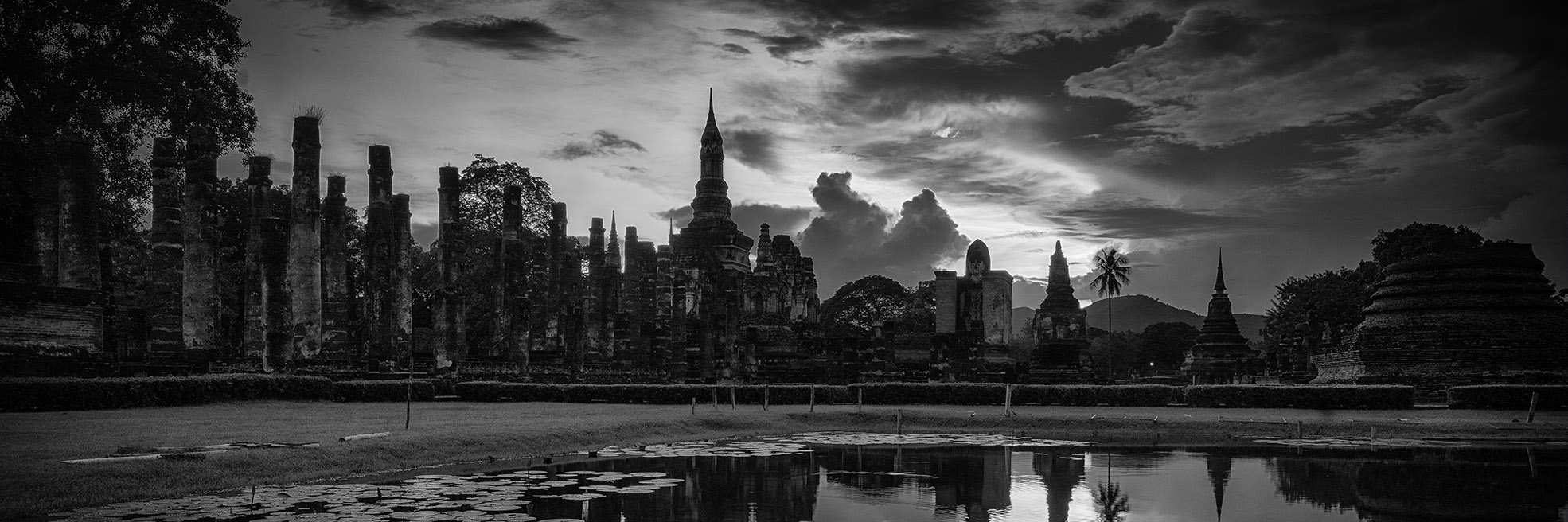 Panoramic image of Sukothai in Thailand in Black and White