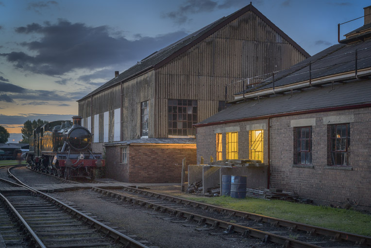 Outside the engine shed at dusk