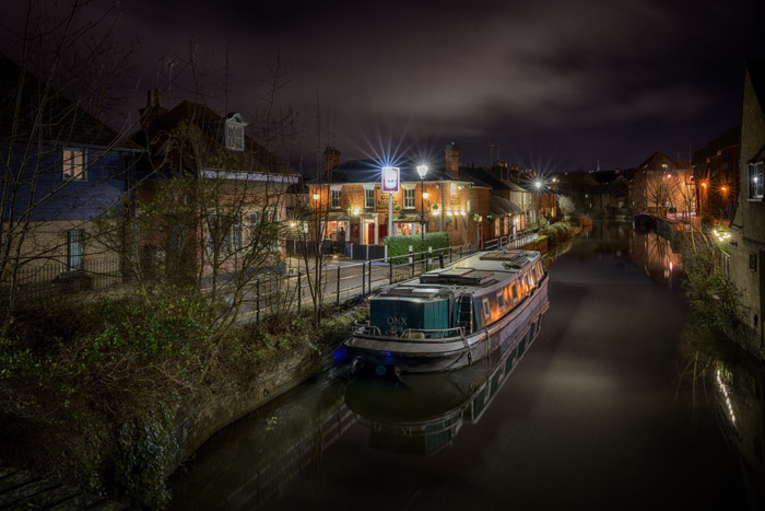 The Old Barge and River Lea in Hertford at night