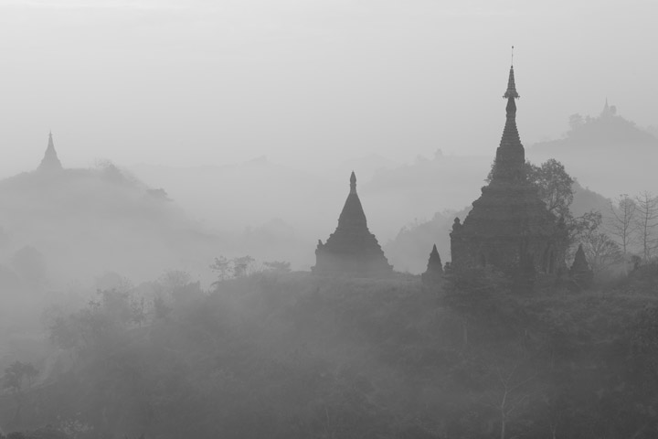 Temples in the mist in Mrauk U in Myanmar