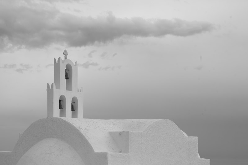 Black and white photo of church near emborio on Santorini