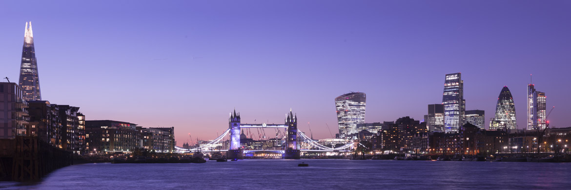 London skyline in purple art print,