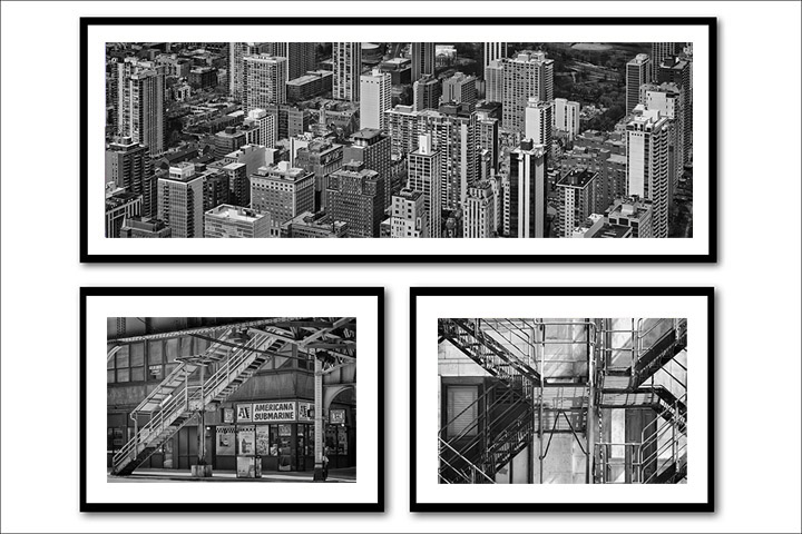  three black framed prints of black and white prints of Chicago