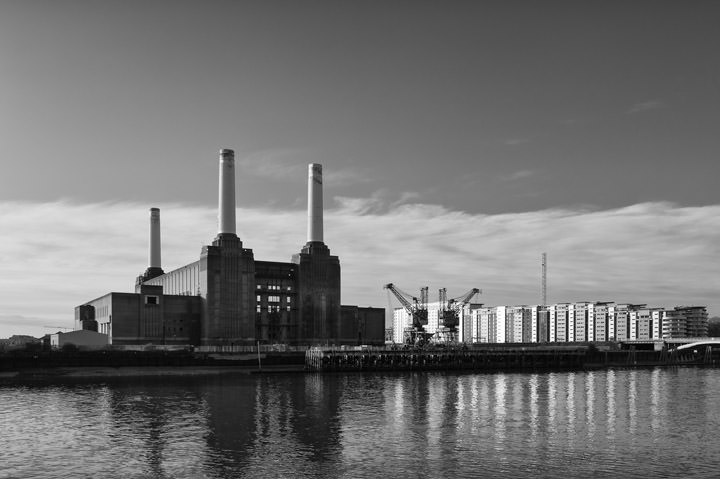 Battersea Power Station and River Thames in black and white