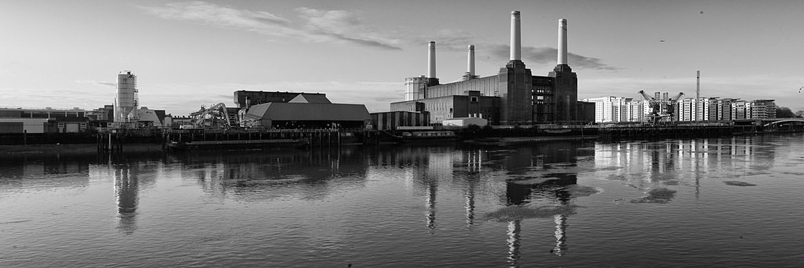 Black and White Panorama of Battersea Power Station reflected in the River Thames