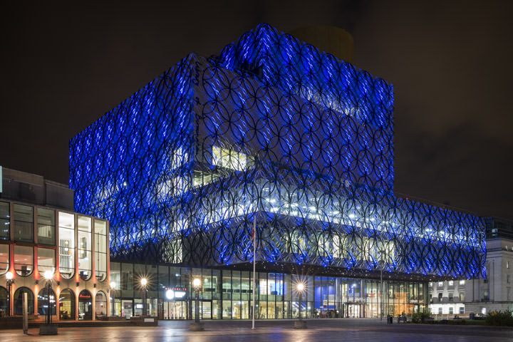 Colourful image  of Floodlit Birmingham Library at night