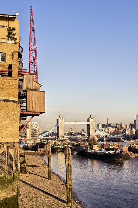 Butlers Wharf and Tower Bridge viewed from River Thames at Southwark