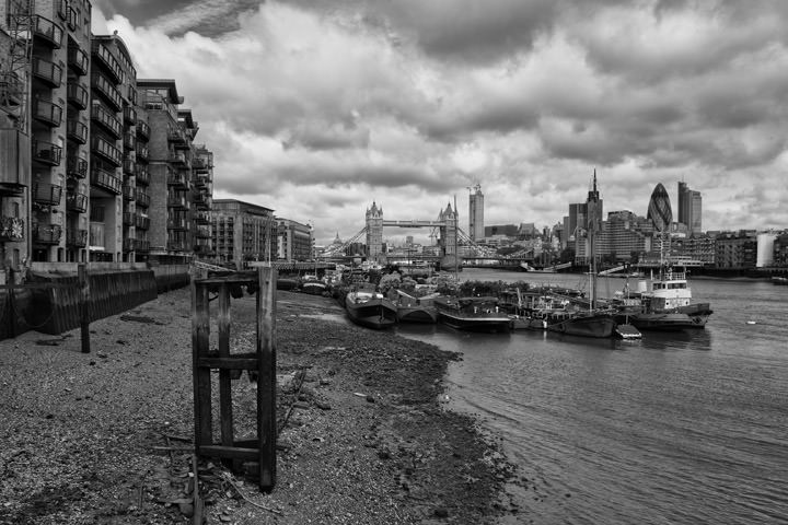 Butlers Wharf and Tower Bridge in Southwark - black and white picture