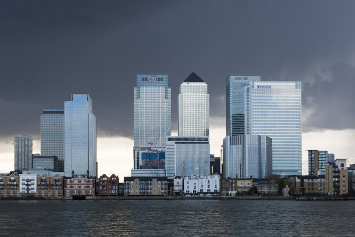 Canary Wharf is turned blue by stormy weather