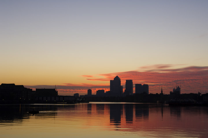 Canary Wharf under red skies of dawn