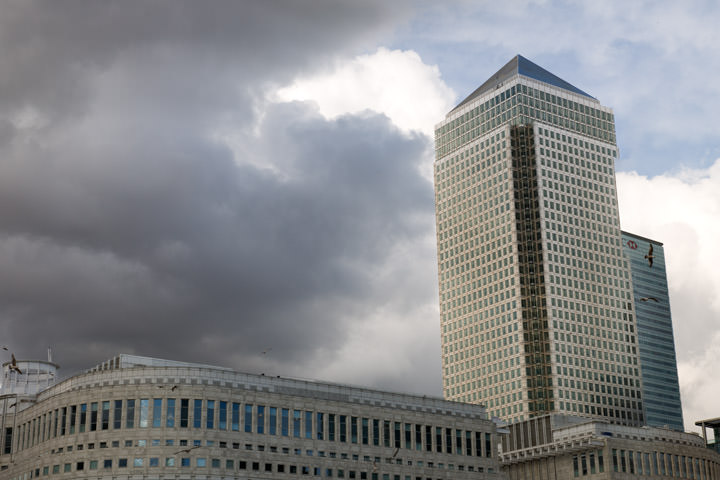 One Canada Square Canary Wharf on a stormy day