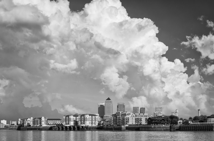 Canary Wharf and Rotherhithe beneath spectacular clouds.