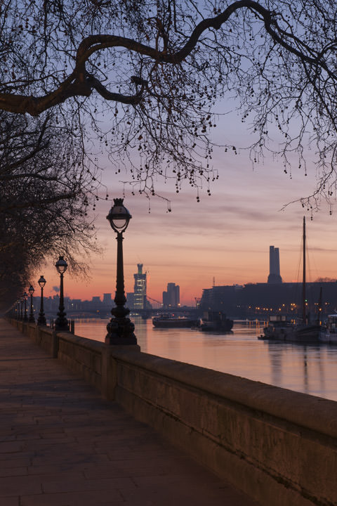 Chelsea Embankment  at dawn showing Battersea Power Station and River Thames