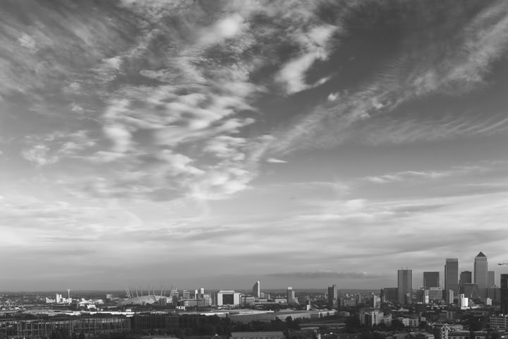 Black and White Photo of East London Skyline