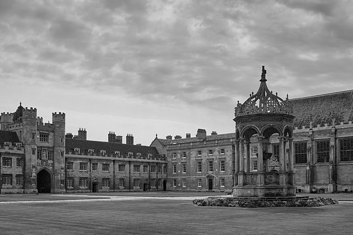 Great Court Trinity College 3 in Cambridge, England in black and white