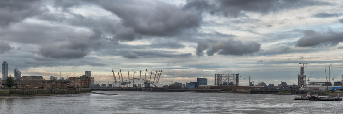 River Thames panorama of Greenwich Peninsula 
