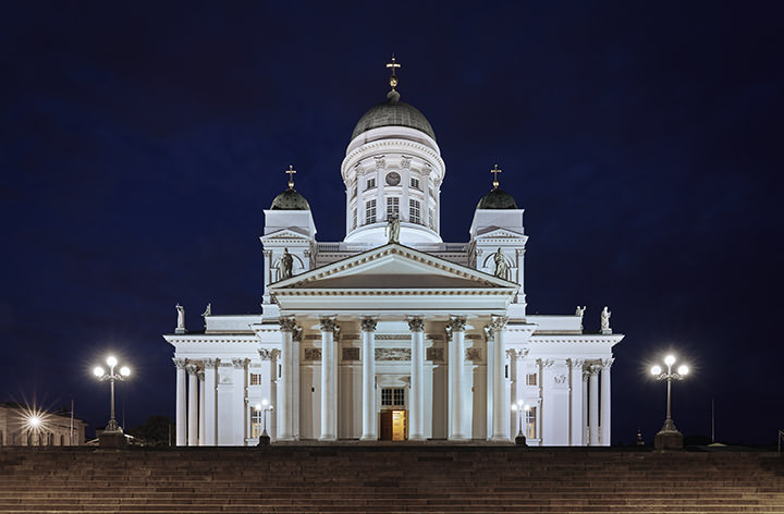 The white Helsinki Cathedral in Finland at night 
