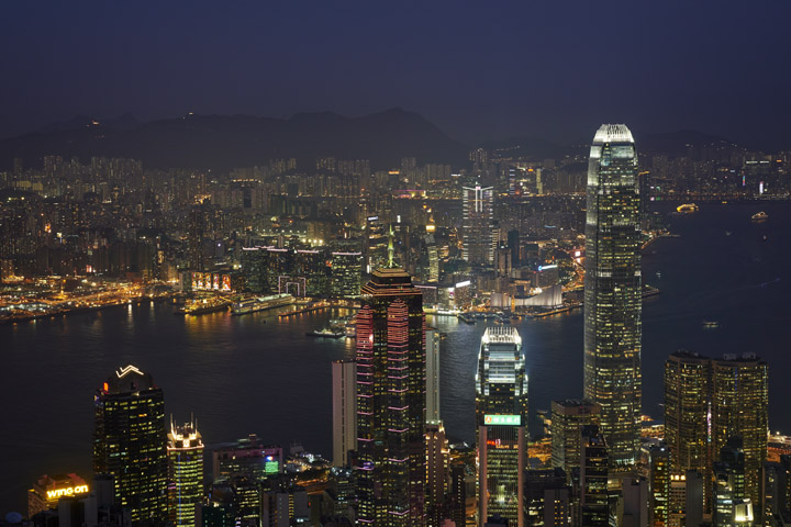 Hong Kong Skyline and harbour at night from Victoria Peak