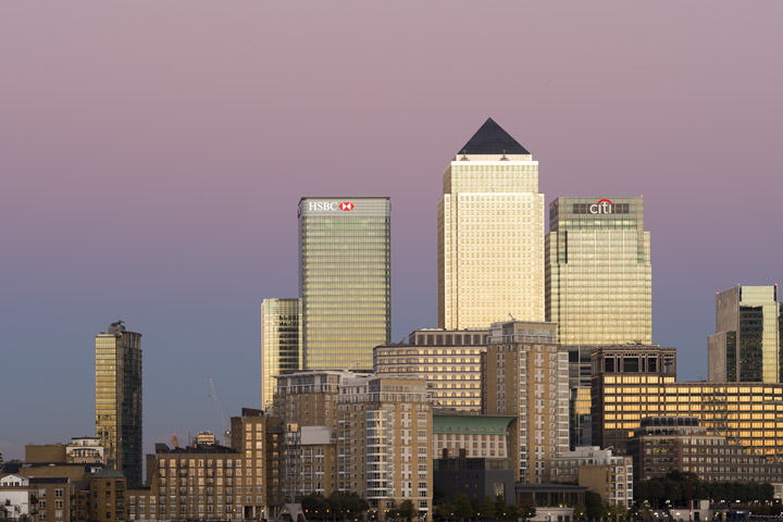 Last Light at Canary Wharf against a pink sky