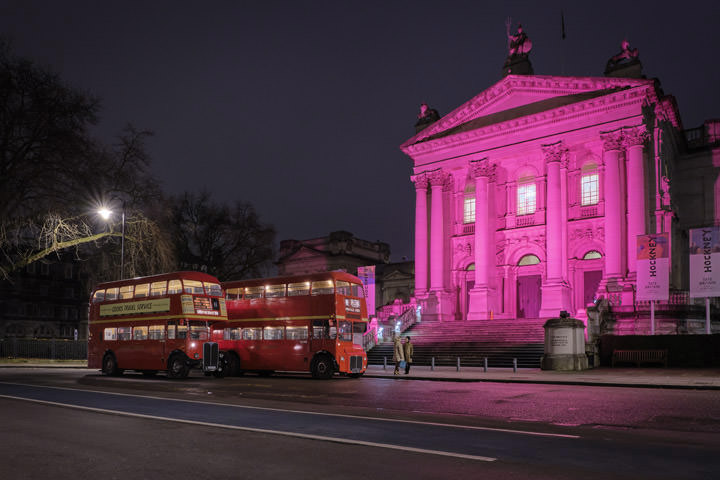 London Bus at Tate Modern lit in pink
