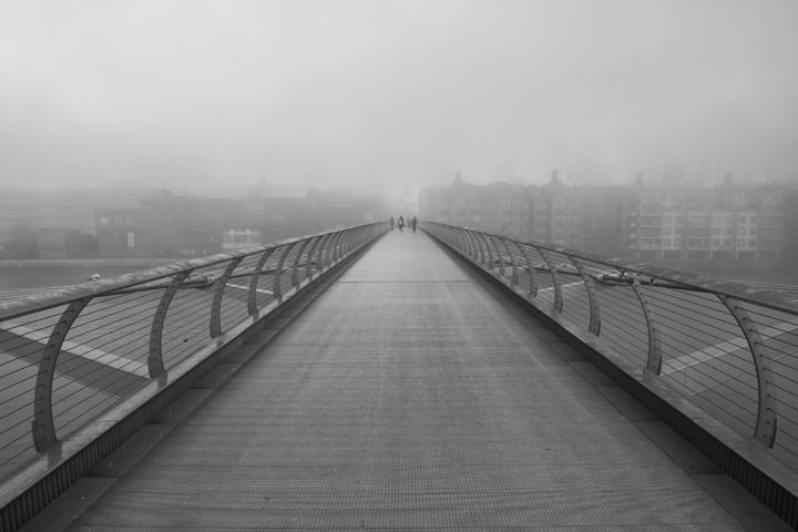 Looking across the Millennium Bridge on a foggy day