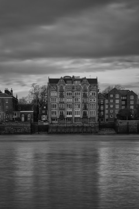 Olivers Wharf  and River Thames in black and white