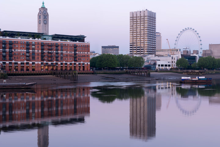 Oxo Tower and London Eye at Dawn against pink skies