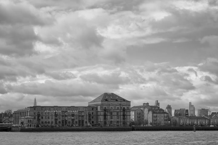 Columbia Wharf now Hilton Riverside at River Thames in Southwark in black and white