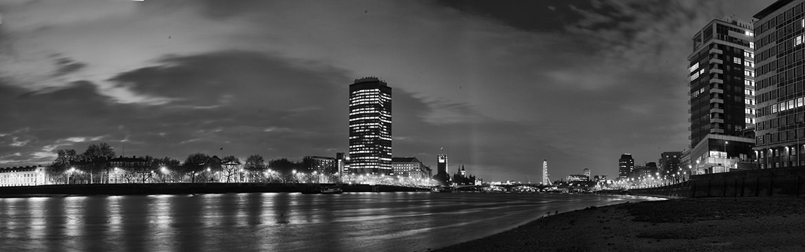 Black and white panorama of River Thames at Lambeth 