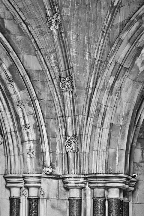 Royal Courts of Justice Detail  from the entrance in black and white