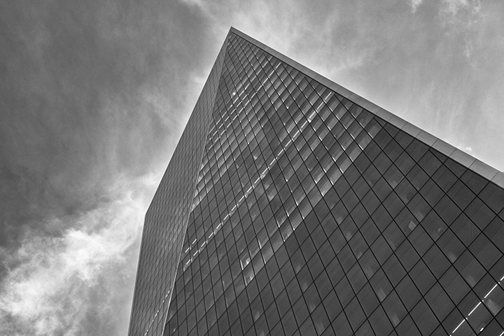  Black and white photo of The Scalpel building in London