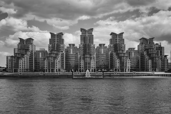 St Georges Wharf in black and white on a stormy day 