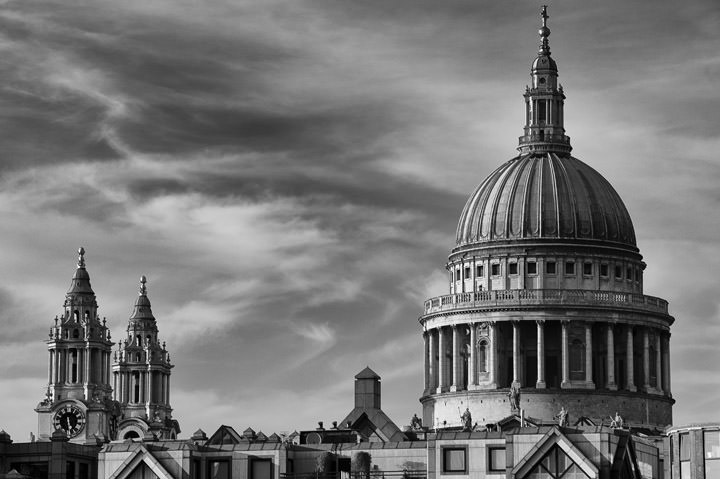 St Pauls Cathedral and patterned sky  in black and white