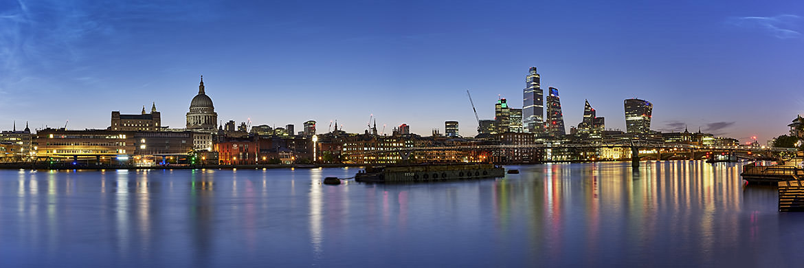 Panoramic St Pauls and London City Skyline at Dawn blue sky
