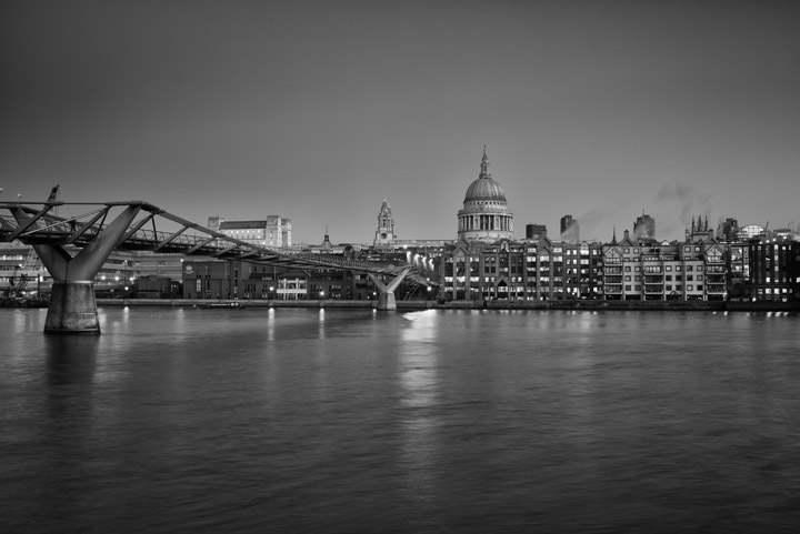 Millennium Bridge and St Pauls Cathedral in black and white