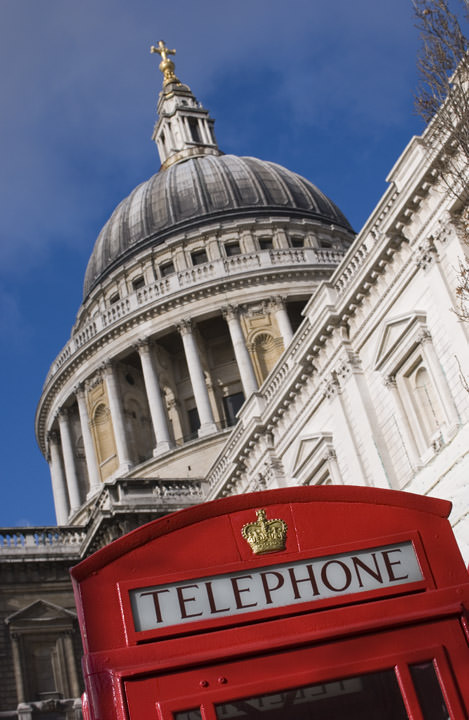 Red Telephone Box and St Pauls Cathedral in bright sun