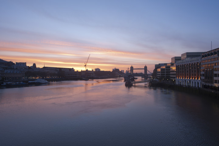 The River Thames at Tower hamlets at dawn viewed from  from London Bridge 