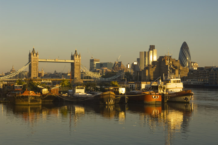 House boats and Tower Bridge viewed from River Thames at Bermondsey