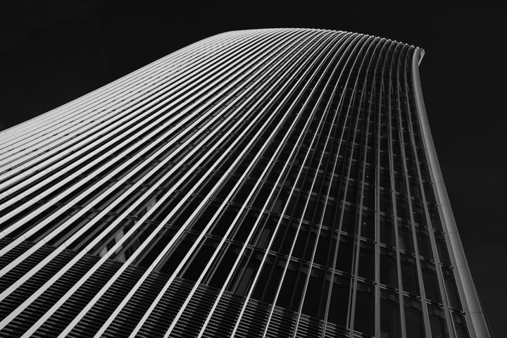 Black and White photograph of the top of the Walkie Talkie Building