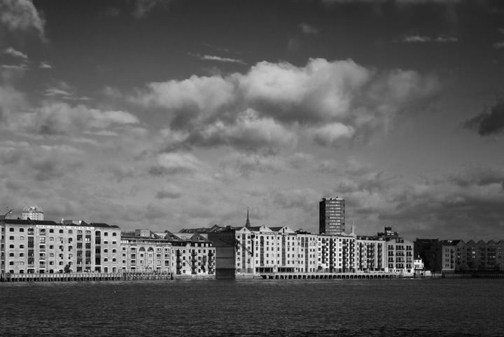Black and white photo of Wappings historic wharves in Tower Hamlets