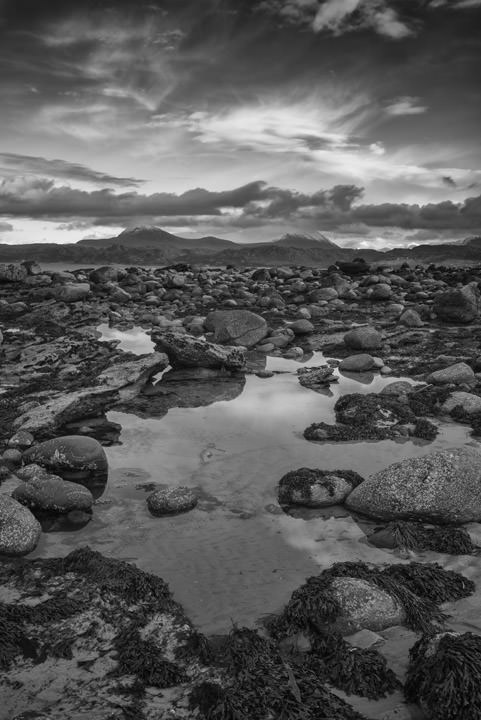 Black and white lakes and mountains in Wester Ross in Scotland.