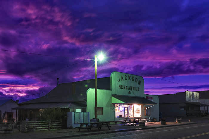 Purple sky over general store Jackson Montana