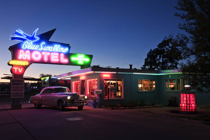 Blue swallow motel neon sign Tucumcari New Mexico