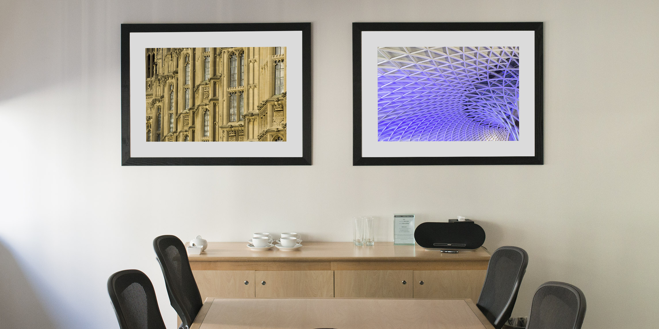 Framed prints of architectural detail  in London office