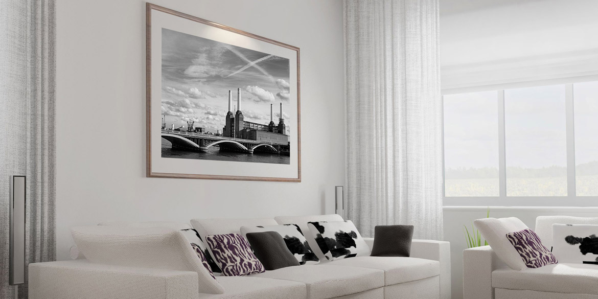 Art for the home Framed black and white framed print of London in a contemporary living room