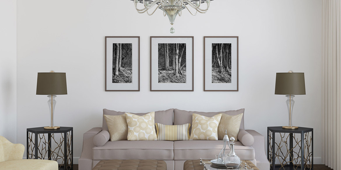 Art for the home A triptych of framed woodland scenes in a living room 