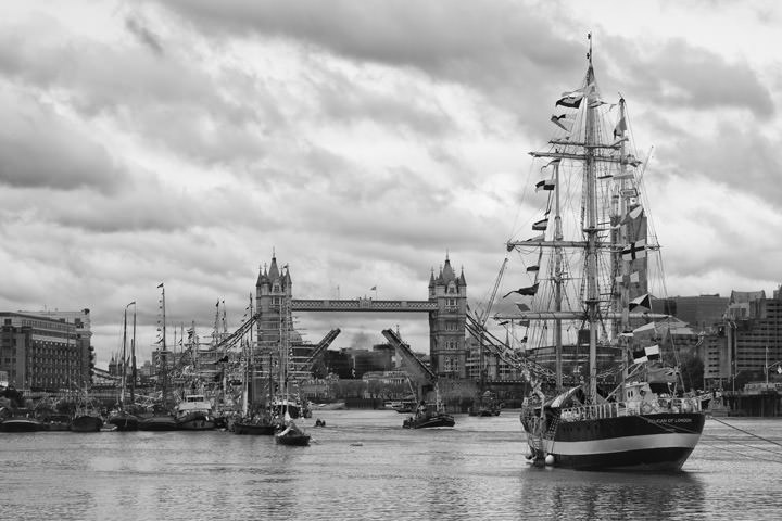 Avenue of Sails - tall ships on River Thames in black and white