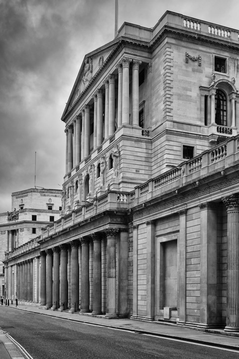Bank of England from Threadneedle Street black and white
