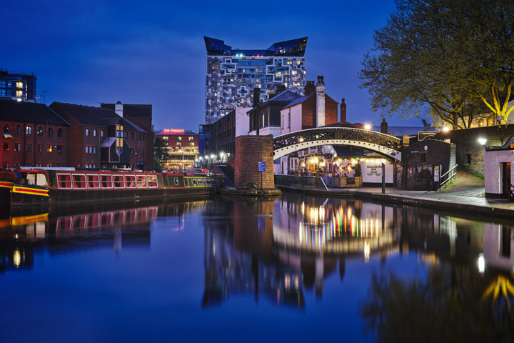 Colourful image  of Birmingham 2 from canal at dusk